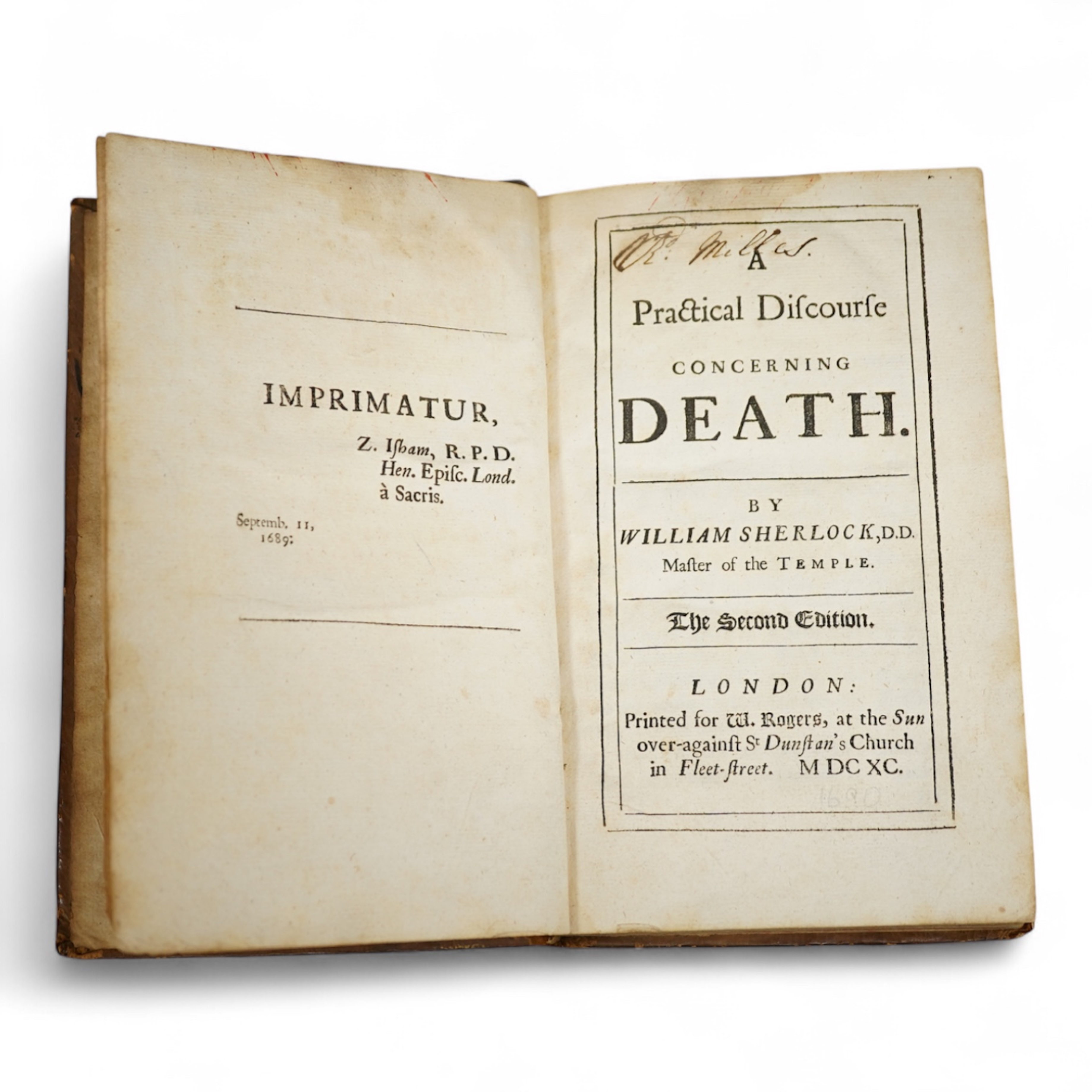Sherlock, William - A Practical Discourse Concerning Death. 2nd edition. imprimatur leaf; old calf with panelled spine. printed for W. Rogers ... 1690